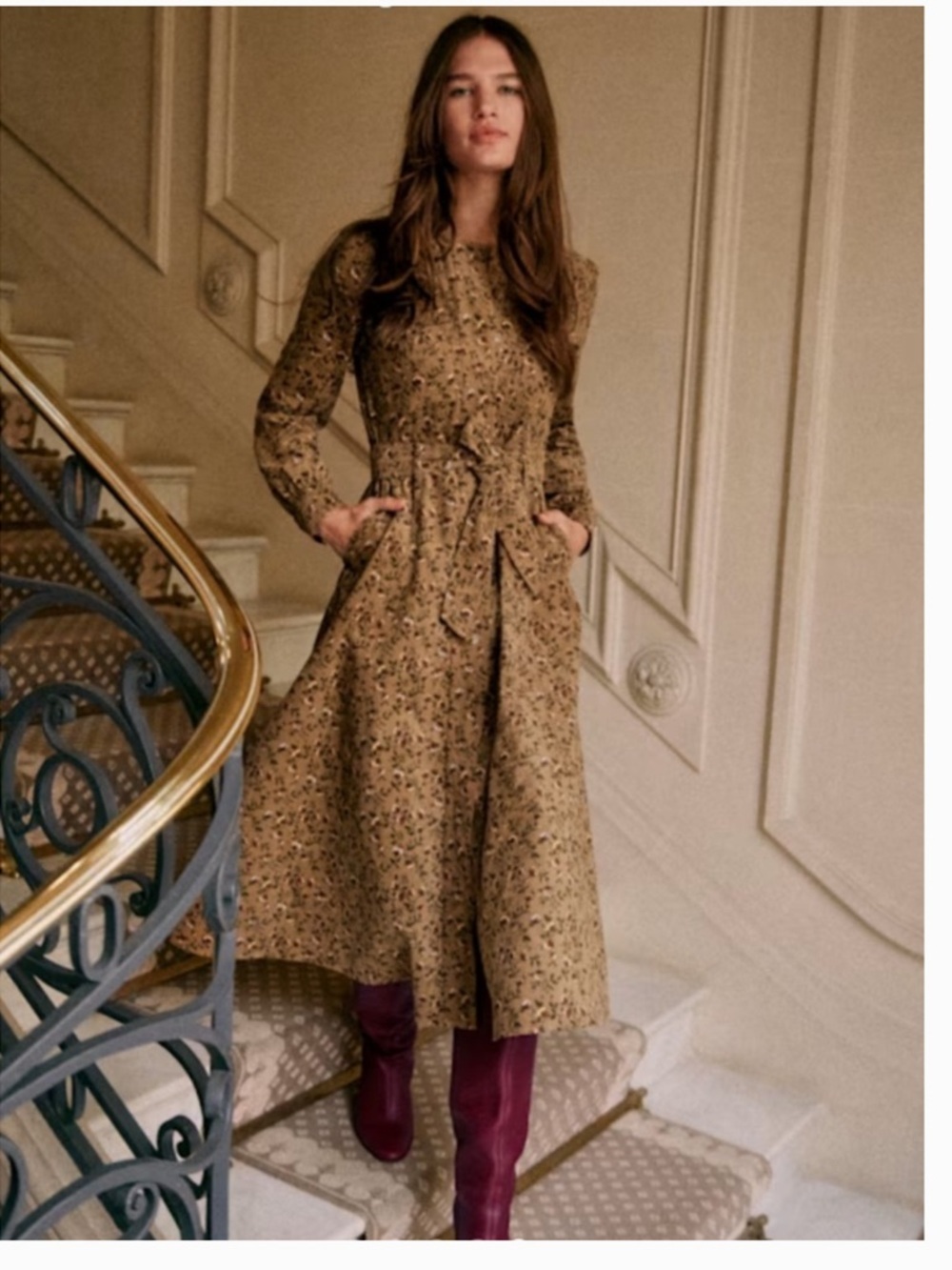 Sézane Celenia Dress Brown Floral Corduroy Midi Size 46 US 14 Long Sleeve